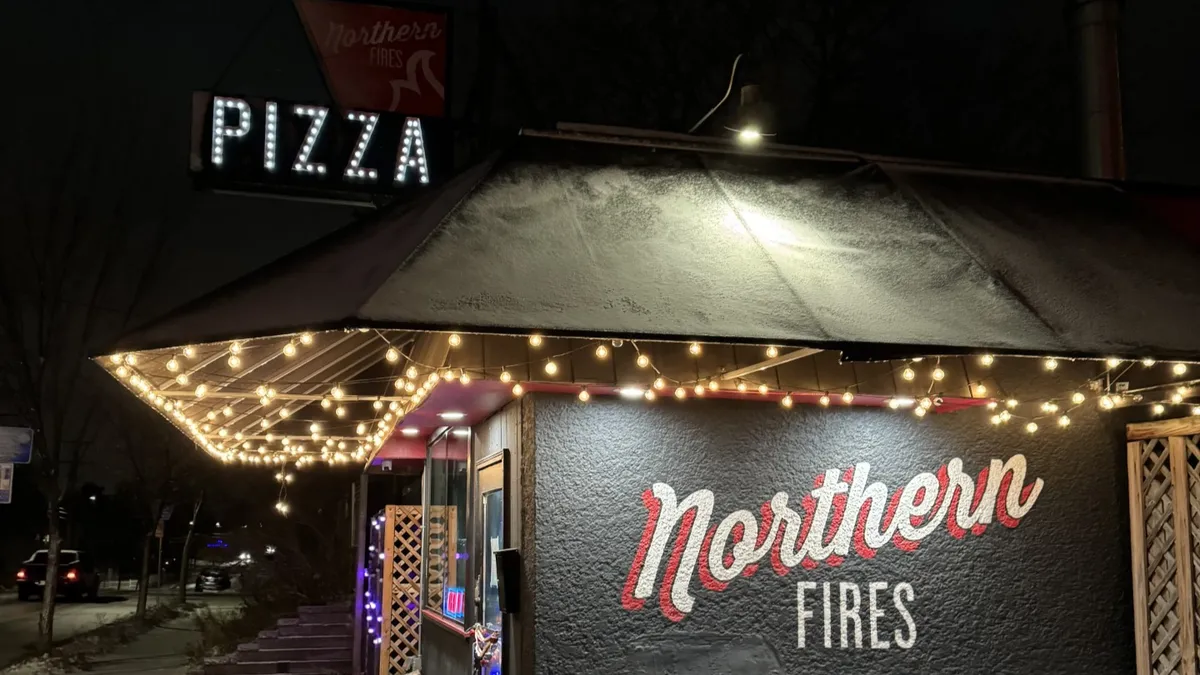 Northern Fires exterior building on a winter night